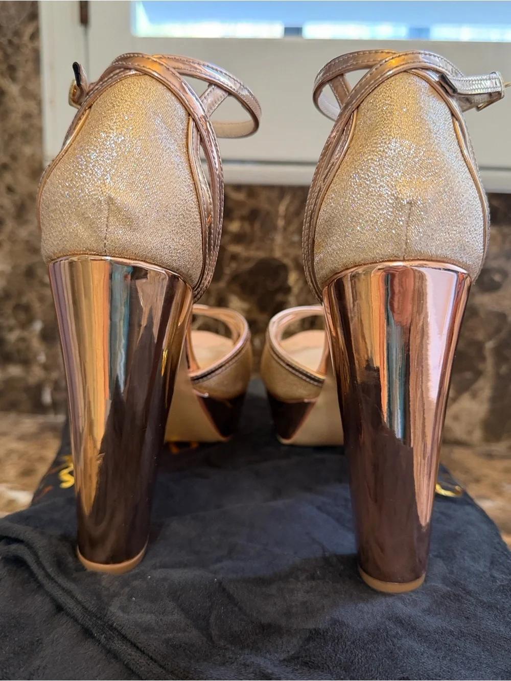 Zerga-“Sindo”- Rose Gold Metallic/Mirror Glitter Platform High Heel Sandals-Sz 9